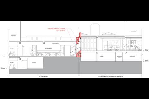 Proposed connection between Heatherwick Studio and the former Squire and Partners offices: section showing the proposed stairs through the party wall